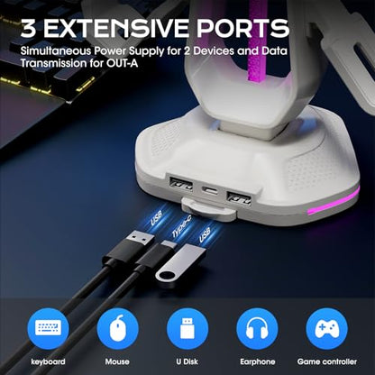 Saitake RGB Controller Stand with 9 Light Modes,Controller Holder with 2 USB Ports,Headset Stand for Desk-Headphone Holder Suitable for All Headphones and Controller (White) - color: White