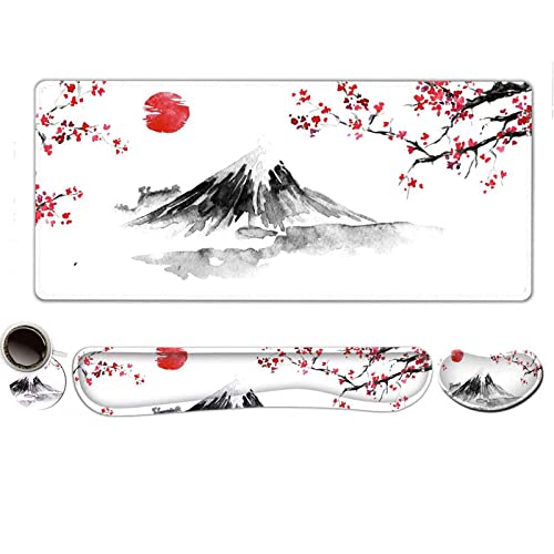 ToLuLu Extended Gaming Mouse Pad, Memory Foam Ergonomic Keyboard Mouse Wrist Rest Support Set, Large Desk Mat with Stitched Edges, Non-Slip Base Mousepad for Home Office Game, Cherry Blossom Sakura - color: Cherry Blossom Sakura