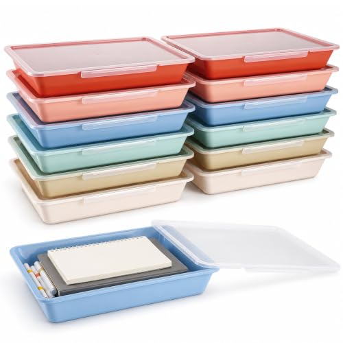 12 Pack Flat Storage Paper Tray with Clear Latching Lid Letter Size Organizer Bin Tray Plastic Latching File Organizer for Classroom Library School Office Teacher Desktop Book Organization (Morandi) - color: Morandi