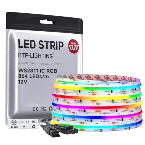 BTF-LIGHTING RGB WS2811 Smart IC FCOB COB LED Strip, UL Listed 864LEDs/m High Density Color Chasing Uniform Light, DC12V 16.4FT 12mm Width Tape Light for Home Party DIY Decor(No Adapter or Controller) - color: DC12V IP30, size: 16.4FT 864LED/m