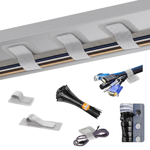 Under-Desk Cable Management Kit: 20 Adhesive & 100 Zip Ties (Grey) | Adjustable hook and loop ties with strong adhesive, durable nylon zip ties. Keep cords organized, reduce desk clutter - color: Grey