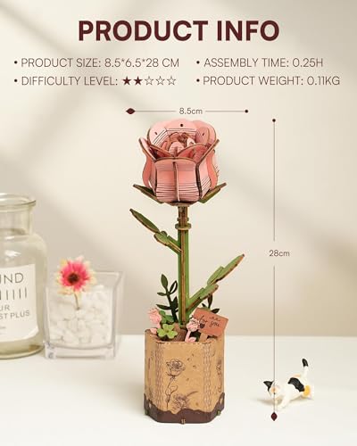 3D Flower Wooden Puzzles for Adults-Pink Rose, DIY Wooden Flowers Model Kit Building Set Crafts Birthday Gifts, Artificial Botanical Collection Creative Gift Ideas/Housewarming (104PCS) - style: TW - Pink Rose