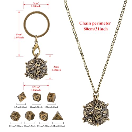 Mini DND Dice Set with D20 Spike Metal Cage Portable Keychain Necklace, Tiny 7pcs Polyhedral D&D Dice Set, DND Gifts with Gift Box, D&D Accessories for RPG, Bronze - color: Bronze