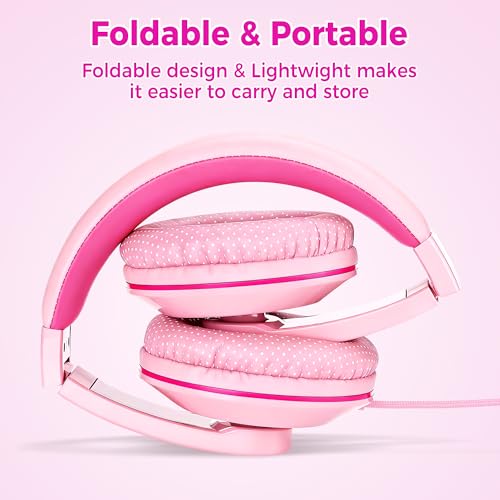 rockpapa Comfort+ Kids Headphones with Microphone, Boys Girls Student Over-Ear Headphones Wired Foldable for School Classroom Laptop PC Computer Tablet Pink - color: Hot Pink