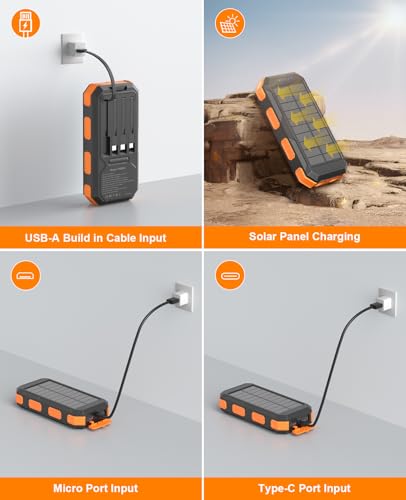 Solar Charger Power Bank 38800mAh, 22.5W USB-C Fast Charging Portable Charger with 4 Built-in Cables, External Battery Pack with Dual LED Emergency Flashlights for Camping, Hiking, Outdoor Use