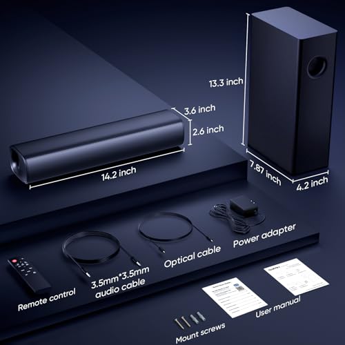 Saiyin Soundbar with Subwoofer, 14.2" Compact Soundbar, 4" Subwoofer, 70W | 2.1 Audio Enhanced Surround Sound System for TV, Bluetooth/Optical/Auxiliary Inputs for TV and Home Theater - size: 14.2 inches