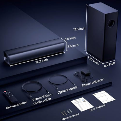 Saiyin Soundbar with Subwoofer, 14.2" Compact Soundbar, 4" Subwoofer, 70W | 2.1 Audio Enhanced Surround Sound System for TV, Bluetooth/Optical/Auxiliary Inputs for TV and Home Theater - size: 14.2 inches