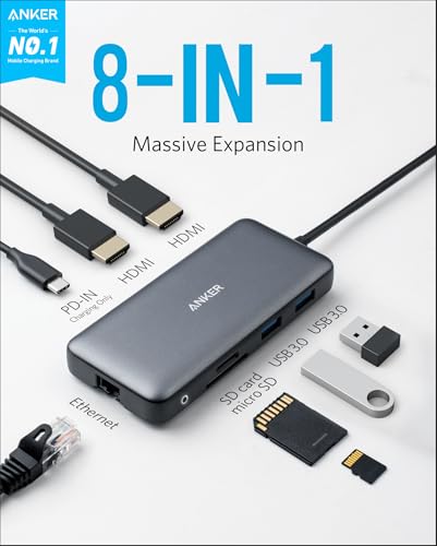 Anker Laptop Docking Station Dual Monitor, 8-in-1 USB C Hub with 4K HDMI | Dual HDMI USB C Dock, 1Gbps Ethernet, 85W Max PD, SD/TF Card Reader, for USB C Laptops, XPS and More (Charger Not Included) - style: 8 in 1 【2 HDMI + Ethernet】