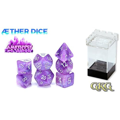 Gate Keeper Games and Dice: Aether Dice: Amethyst - 7pc Set, Purple & White Glitter Swirl, 7 Resin Dice for Role Playing Games - style: Amethyst