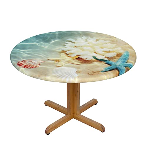 Famame Sea Beach Underwater Starfish Fitted Round Tablecloth Waterproof Table Cloth with Elastic Edge Wipe Clean Table Covers for Indoor Outdoor Fits 45"-50", Medium - color: Sea Underwater Starfish
