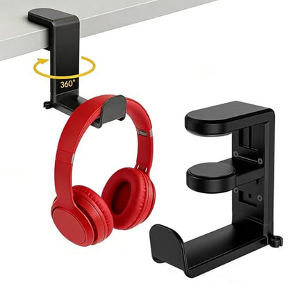 Under Desk Headphone Hanger & Cable Clip, Adjustable Clamp On Headset Stand Holder 360 Swivel, Gaming Setup Accessories for PC Gamers, Multi-Purpose Hook for Bags & Office Organization
