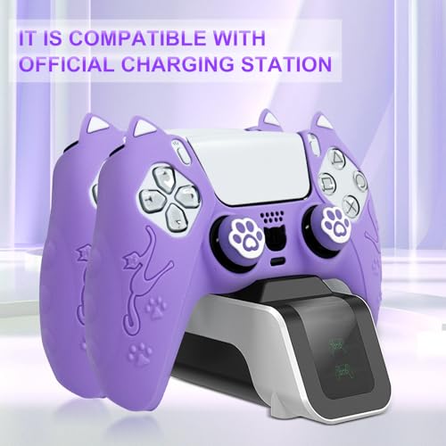 Purple Cat Ear PS5 Controller Cover - Cute Silicone Skin with Cat & Paw Prints + 2 Matching Lavender Cat Paw Thumbstick Caps | Kawaii Grip for PlayStation 5 - color: Lavender Purple