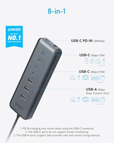 Anker USB-C Hub, 8-in-1 5Gbps Data Hub with 3 USB-A and 4 USB-C Ports | 100W PD-In, 15W Max Charging for Phones, 2-in-1 USB Connector, for Laptop, MacBook, iPad and More (45W Adapter Included)