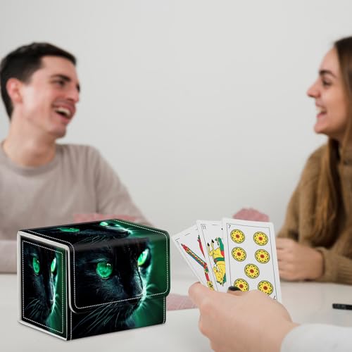 for MTG Commander Deck Box,Card Deck Box for Trading Yugioh MTG,Fits 100 Double Sleeved Cards,PU Leather Strong Magnet Case for Magic Commander TCG CCG,Black Cat Green - color: Black Cat Green