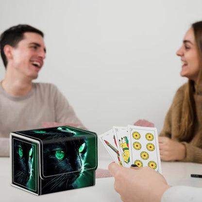 for MTG Commander Deck Box,Card Deck Box for Trading Yugioh MTG,Fits 100 Double Sleeved Cards,PU Leather Strong Magnet Case for Magic Commander TCG CCG,Black Cat Green - color: Black Cat Green