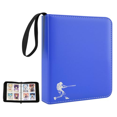 PU Leather Baseball Card Binder,Double Sided Blue Card Binder 4 Pocket Holds 400 Cards,50 Removable Sleeves Baseball Cards Binder,3 Ring Zipper Holder Sports Cards Collection for TCG, MTG - color: Blue, size: Medium