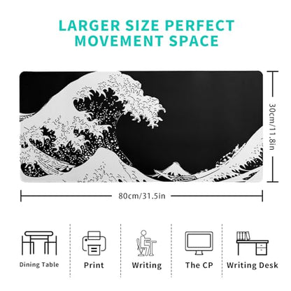 Japanese Sea Wave Large Mouse Pad, Abstract Black Gaming Mousepad, Extended Kanagawa Mat Desk Pad, 3mm Thick Long Non-Slip Rubber Base Mice Pad for Office and Home, 31.5x11.8 Inch - color: Sea Wave 2