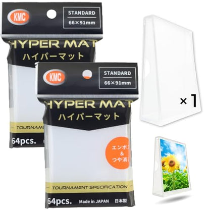 [2 Pack] Hyper Matte Sleeves Clear (66×91mm / 2.5" x 3.5", 128 pcs) Card Sleeves + 1 Acrylic Trading Card Display Stand | Made in Japan | Gift Set | Perfect for Standard Size Trading Cards - color: Clear