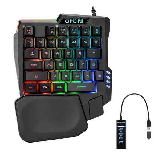 CHONCHOW One Handed Gaming Keyboard, 35 Keys, Rainbow LED, Wired USB, Ergonomic with Wrist Rest, Mini Portable, PS4/PS5/Xbox/PC/Laptop Compatible
