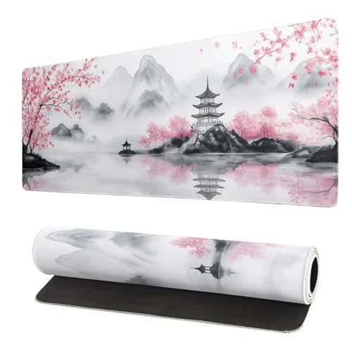 Pagoda Mouse Pad 31.5x11.8 Inch White Full Desk Japanese Mousepad Extended Large Non-Slip Rubber Base Waterproof Big Keyboard Mat with Stitched Edges for Gaming and Office - color: Pagoda