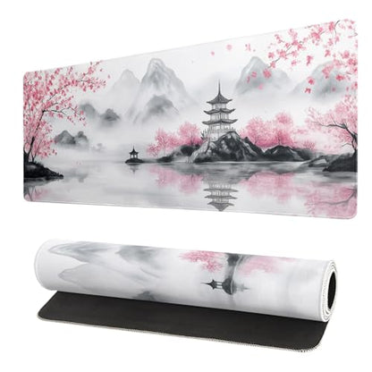 Pagoda Mouse Pad 31.5x11.8 Inch White Full Desk Japanese Mousepad Extended Large Non-Slip Rubber Base Waterproof Big Keyboard Mat with Stitched Edges for Gaming and Office - color: Pagoda