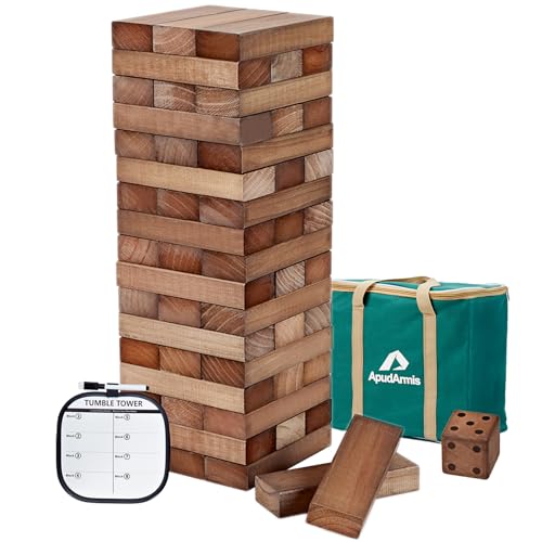 ApudArmis Giant Tumble Tower, Stacks Over 5FT, Pine Wood Lawn Outdoor Game | Non-toxic NZ pine, crack-resistant. Includes dice & bag. Fun indoor & outdoor stacking tower for teens' fine motor skills - color: Brown, size: XL-Over 5FT