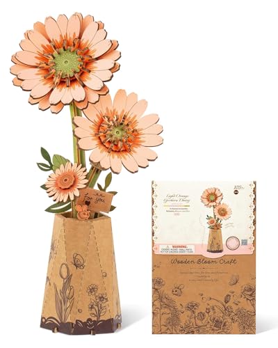 3D Flower Wooden Puzzles for Adults-Gerbera Daisy, DIY Wooden Flowers Model Kit Building Set Crafts for Adults to Build, Botanical Collection/Ideal Creative Gift Ideas/Housewarming (105PCS) - style: TW - Light Orange Daisy