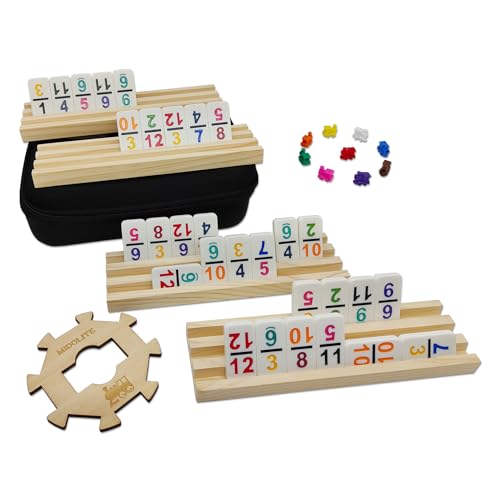 Mexican Train Dominoes Set with Numbers and 4 Wooden Racks, Double 12 Domino Travel Set with Wooden Hub, 91 Colored Domino Tiles Game Set with for Family Game Night - style: 4 Racks