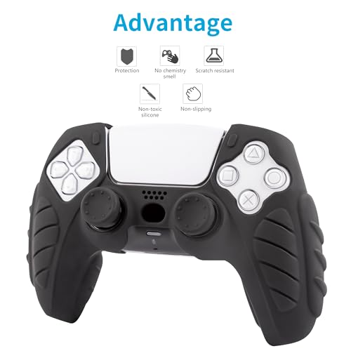 Ergonomic Soft Grip Skin Compatible PS5 Controller Cover, Anti-Slip Silicone with 6 Thumb Grips Accessories Set for PlayStation 5 (Midnight Black) - color: Black