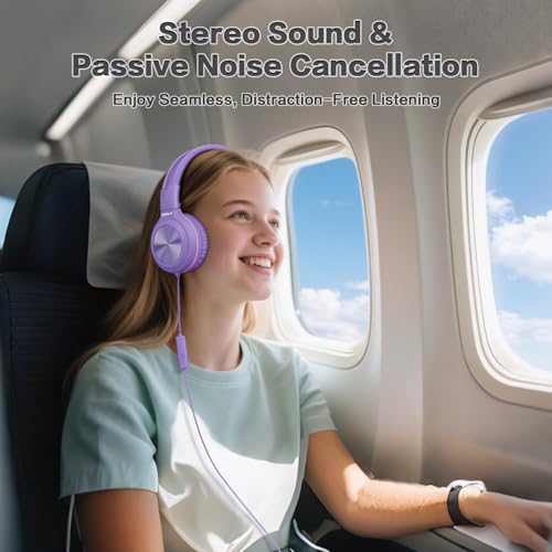 SIMOLIO Manyshare Series- Wired Headphones for Kids, Girls School Headphone with Microphone & Share Port & Volume Limit, Foldable Durable Over Ear Headsets for Tablet Travel Airplane Teens (Purple) - color: Lavender 3.5mm