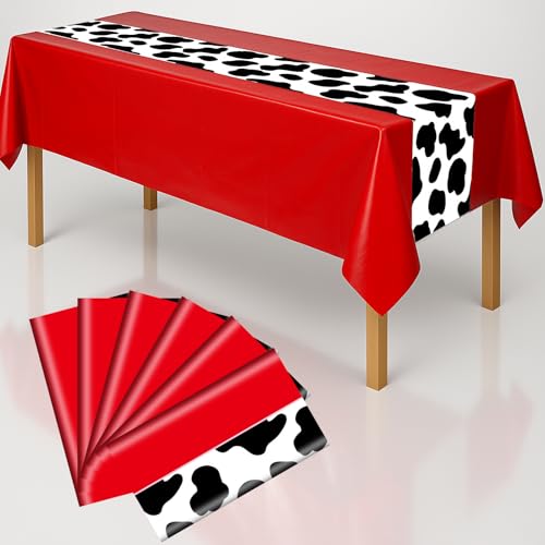 6 Pack 108 x 54 Inch Cow Print Tablecloth Cow Plastic Table Cover Birthday Party Table Cloth Disposable Plastic Farm Animal Party Cover for Disco Cowgirl Decorations Supplies Red - color: Red Cow, size: 6pcs