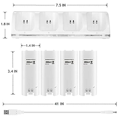 4-in-1 Charging Station for Wii&Wii U Remote Controller,Charger with 4 Rechargeable Battery Packs (4 Port Charging Station+4 pcs 2800mAh Replacement Batteries+USB Cable),Remote Not Included