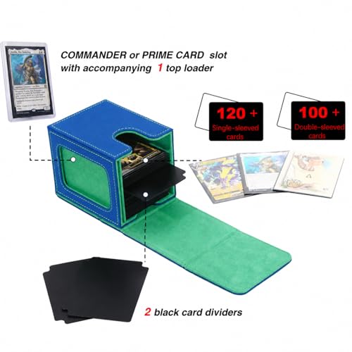 MTG Deck Box with Commander Display Window (Blue&Green, 1 window) | Holds 120 Single/100 Double-Sleeved Cards, Fit MTG/PTCG/OPTCG Cards, Strong Magnet, PU Leather, With 2 Dividers & 1 Toploader - color: Blue and Green