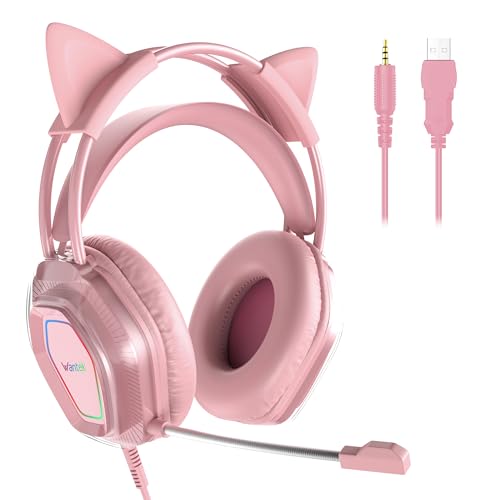 Wantek Cute Cat-Ear Gaming Headset - 50mm Drivers, Noise-Cancelling Mic, 3.5mm Wired Stylish & Lightweight Design (Pink) - color: Pink