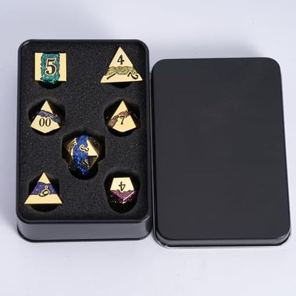 Galaxy Metal Dice Set, 7PCS Polyhedral DND Dice with Glitter Resin Inlay, Heavy Metal RPG Dice for Dungeons and Dragons Tabletop Games - color: Imitation Gold Seven Colors