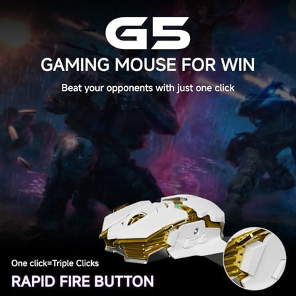 EWEADN G5 Tri-Mode Wireless Gaming Mouse, 12800 DPI Programmable Ergonomic Mouse with Metal Base for Stability, 500mAh Rechargeable, 8 Macro Buttons, Rapid Fire Key, RGB Backlit for FPS PC Mac- White - color: White