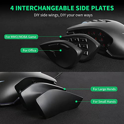 DELUX Wired MMO Gaming Mouse with 4 Interchangeable Side Plates, 12400DPI, 14 Programmable Buttons, RGB Light, 1000Hz Report Rate, Pro Ergonomic Gamer Mouse for PC Computer Laptop (M631-Black)