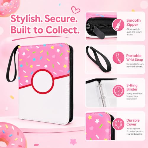4 Pocket Card Binder 400 Card Holder Album, Pink Donut Trading Cards Holder Zipper Binder for Girl Teen Collection (Pink Donut, 400 Pocket) - color: Pink Donut, size: 400 Pocket