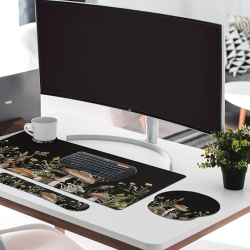 Britimes Black Mushroom Floral Keyboard Mouse Pad Set Plant Flower 4in1 Large Mousepad+Keyboard Wrist Rest+Mouse Wrist Rest+Coaster Ergonomic Design for Home Office Computer 35.4x15.7 inches - color: Black Mushroom Floral