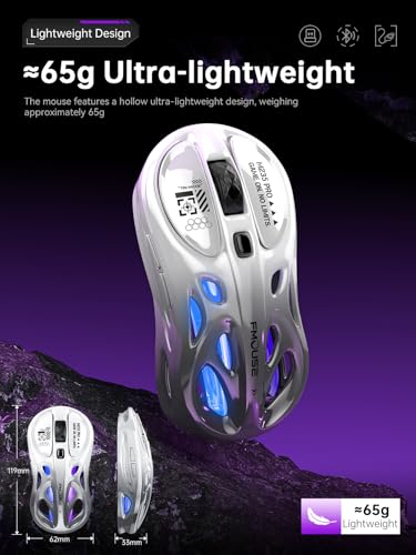 FMOUSE Wireless Mouse Tri-Mode 2.4G & Dual Bluetooth & Wired, Hollow RGB, 65g, 4800 DPI, USB-C Rechargeable, Gaming & Office, for Mac Laptop iPad PC – White & Gray - color: White and Gray Gradient