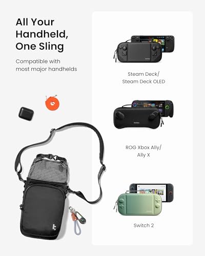 tomtoc Sling Travel Bag for Steam Deck, ROG Xbox Ally X, Switch 2 with Case | Crossbody Pouch for Gaming Handheld with Slim Case, PS Portal Case Bag, Roll-top Bag for Controller, Charger, Accessories