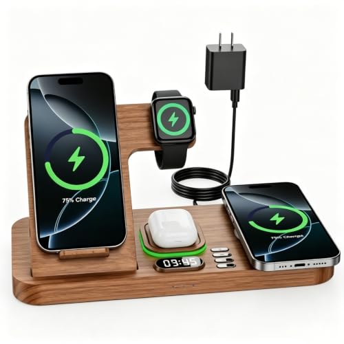 Dual Phone Wireless Charging Station for Apple Devices, Magnetic Charging Station for iPhone with Auto Switch 7-Color Light&Clock, Family Watch Charger for iPhone17 for iWatch11 for AirPods Pro3(Wood) - color: Woodgrain