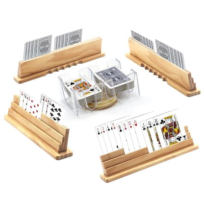 Wooden Playing Card Holders with Rotating Tray, Hands-Free Card Organizer | Rotating card holder set keeps hands free during Canasta, Bridge & Rummy games. Great for seniors, adults and kids