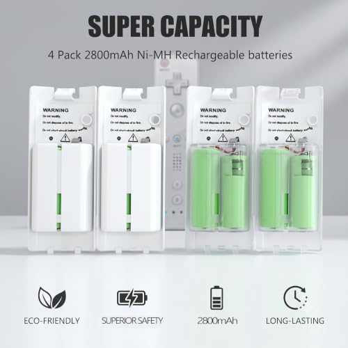 4-in-1 Charging Station for Wii&Wii U Remote Controller,Charger with 4 Rechargeable Battery Packs (4 Port Charging Station+4 pcs 2800mAh Replacement Batteries+USB Cable),Remote Not Included