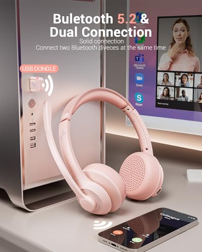 JIAMQISHI Wireless Headset with AI Noise Cancelling Microphone Bluetooth Headset - Bluetooth V5.2 Headphones with USB Dongle & Mic Mute for Computer/Laptop/PC/iPhone/Android/Cell Phones (Pink) - color: Pink