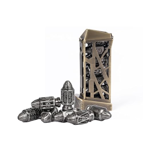 UDIXI Metal DND Dice Set, D&D Solid Polyhedral Bullet Metal Dice Set Nickel | 7PCS, Cool Design, Magazines Container and PU Leather Bag, for Dungeons and Dragons Role Playing Games and Tabletop Games RPG - color: Ancient Silver