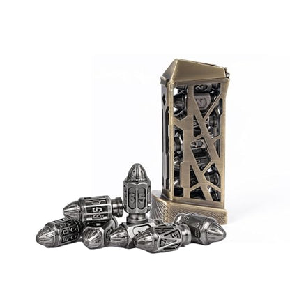 UDIXI Metal DND Dice Set, D&D Solid Polyhedral Bullet Metal Dice Set Nickel | 7PCS, Cool Design, Magazines Container and PU Leather Bag, for Dungeons and Dragons Role Playing Games and Tabletop Games RPG - color: Ancient Silver