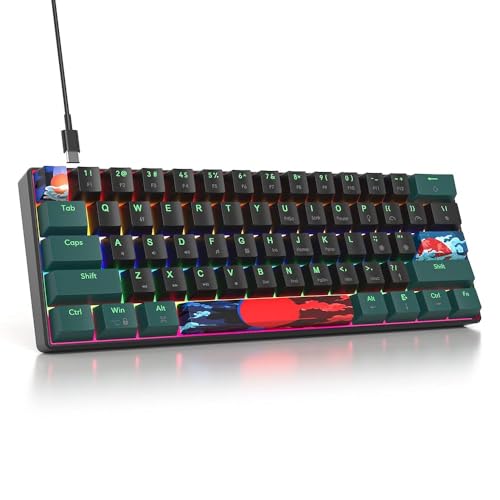 Portable 60% Mechanical Gaming Keyboard Green/Black, Rainbow Backlit Wired Key Board with Red Switch, Compact 61 Keys Mini Office Keyboards for Laptop PC (61 Soundwave B/Red Switch) - color: 61 Soundwave B/Red Switch