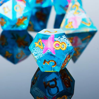DND Dice Set 7-Pcs Sharp Edge Blue Marine Life Style Resin Dice Polyhedron Resin Sharp Edge dice Role-Playing Game RPG MTG Board Game (Marine Life - Golden) - color: Marine Life - Golden