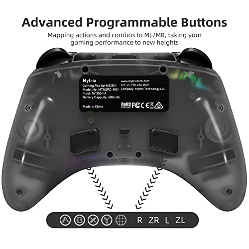 Mytrix Black Wireless Switch Controller for Nintendo Switch/OLED/Lite Steam Deck, Pro Controller with Hall Effect Joystick, Turbo, Motion, Vibration, Headphone Jack and Dynamic Joystick RGB Lighting, Zero-Kirin - color: Black